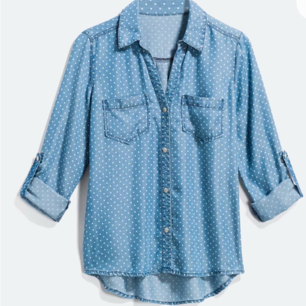 Chambray Polka Dot Button-Up Shirt, Tindel brand, purchased from Stitch Fix